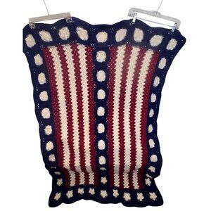 Handmade Crochet Patriotic Afghan Blanket Red White Blue Star Design 72" X 45" B